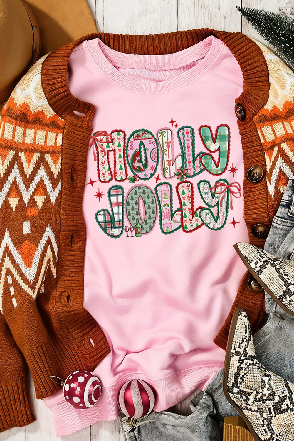 Festive Women's Round-Neck Sweatshirt in Pink – Holiday Graphic Design with Bow Accent for Everyday Holiday Style - Detail View 3 Festive Women's Round-Neck Sweatshirt in Pink – Holiday Graphic Design with Bow Accent for Everyday Holiday Style - Detail View 3