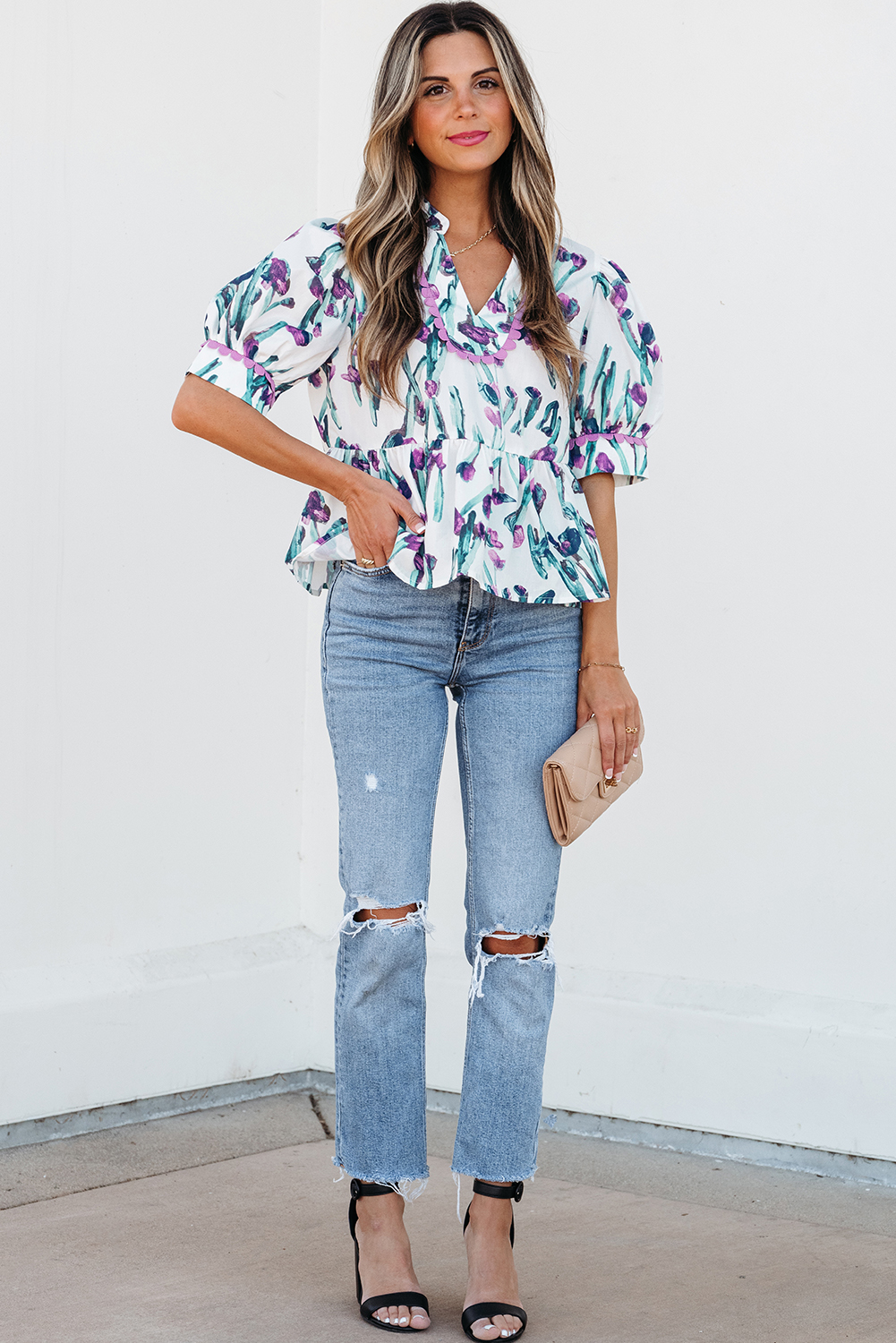 Women's Blouse, Purple Floral, Ricrac Trim, Peplum Top, Puff Sleeves, V Neck, Casual Wear, Summer Fashion, Feminine Design, Charming Appearance, Stylish Details, Daily Occasions, Country Style, Tops & Shirts - Detail View 4 Women's Blouse, Purple Floral, Ricrac Trim, Peplum Top, Puff Sleeves, V Neck, Casual Wear, Summer Fashion, Feminine Design, Charming Appearance, Stylish Details, Daily Occasions, Country Style, Tops & Shirts - Detail View 4