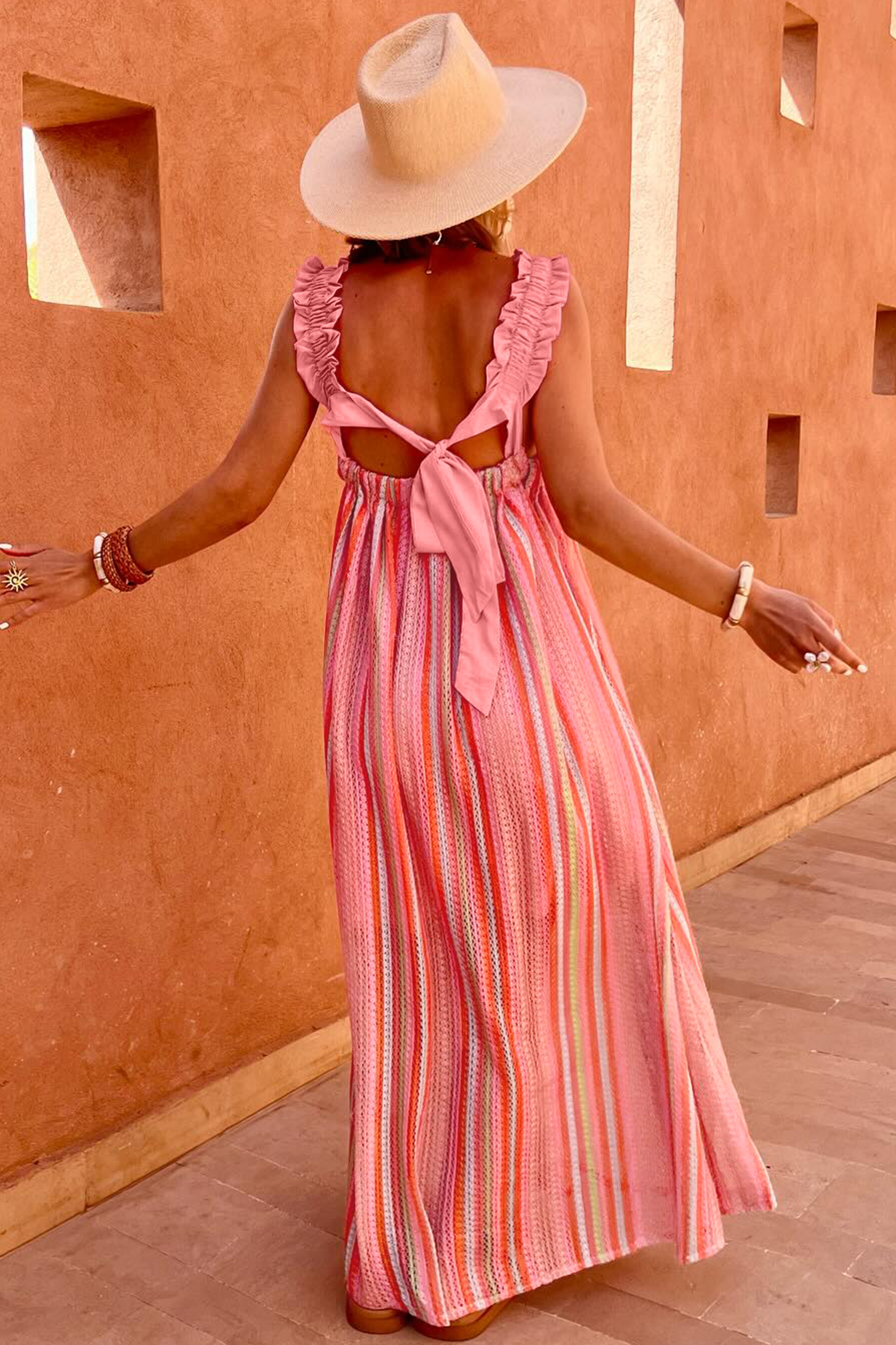 Flowy Pink Stripe Women's Sleeveless Maxi Dress – Ruffled Straps, Natural Waist Cotton Blend for Summer Daily Wear - Detail View 2 Flowy Pink Stripe Women's Sleeveless Maxi Dress – Ruffled Straps, Natural Waist Cotton Blend for Summer Daily Wear - Detail View 2