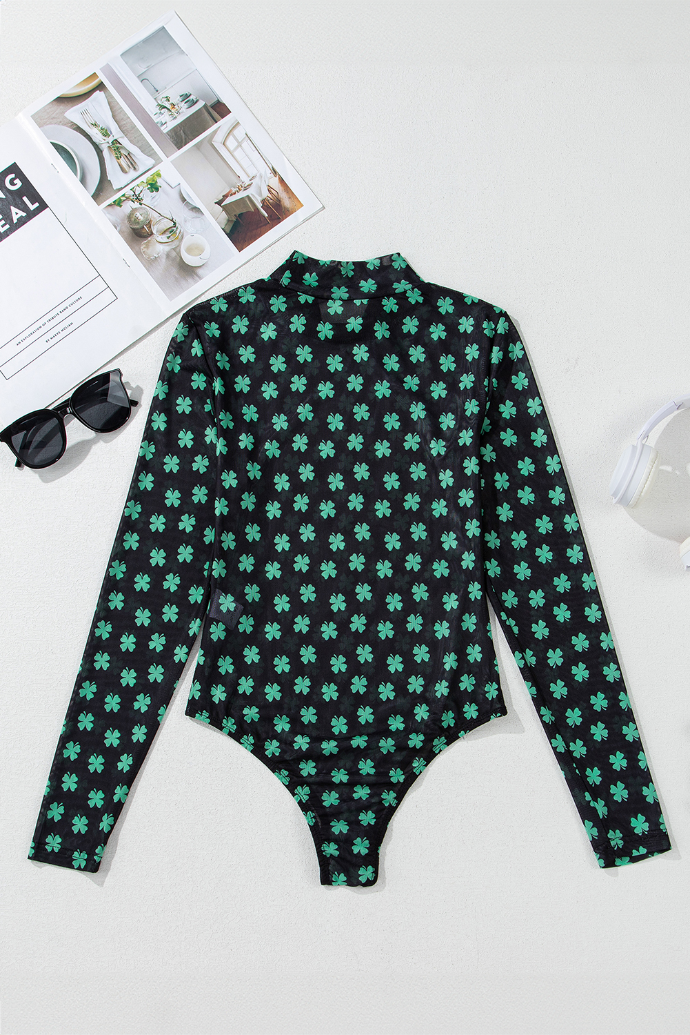 Women's Green St. Patrick's Day Shamrock Printed Long Sleeve Mesh Bodysuit - Detail View 9 Women's Green St. Patrick's Day Shamrock Printed Long Sleeve Mesh Bodysuit - Detail View 9