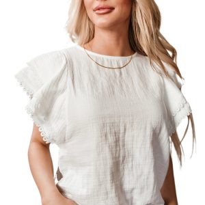 Women's White Crinkled Layered Ruffled Flutter Sleeve Blouse - Casual and Chic - Main View