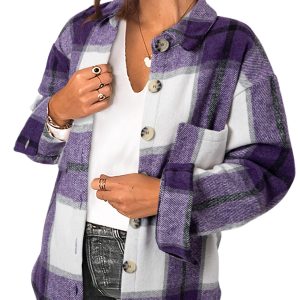 Women's Purple Plaid Color Block Long Sleeve Jacket – Casual Buttoned Shift Style for Daily Wear - Main View