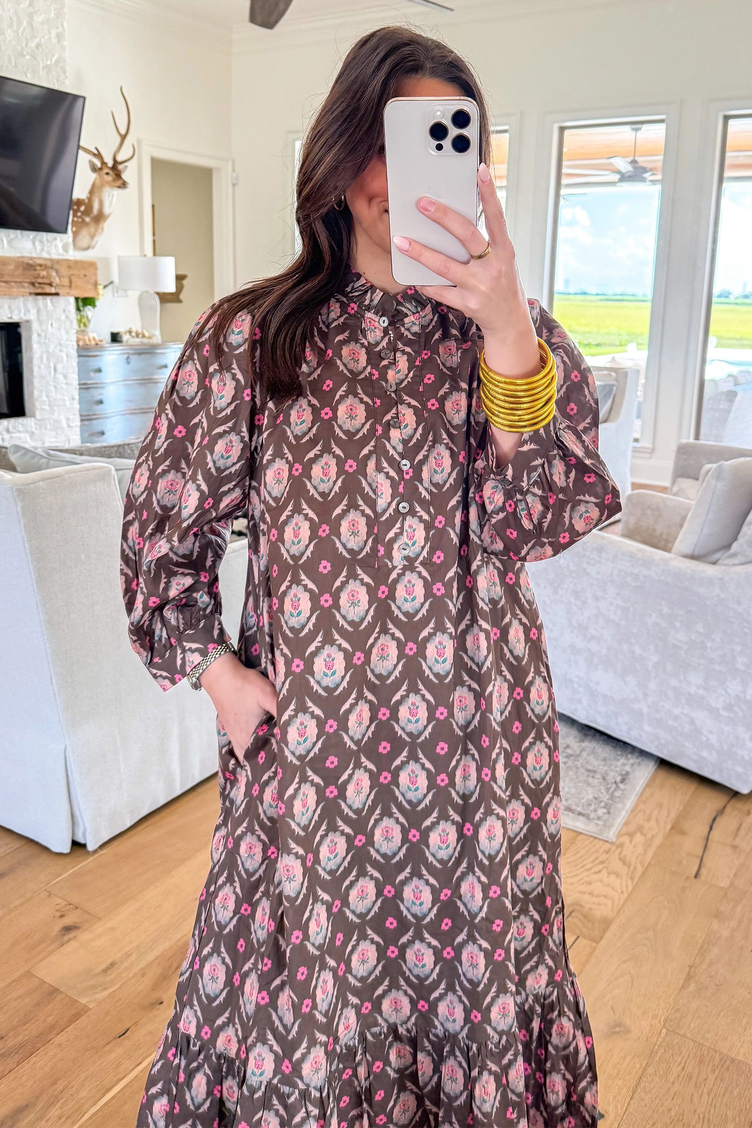 Brown A Line Midi Dress, Floral Bracelet Sleeve Fall Outfit - Detail View 3 Brown A Line Midi Dress, Floral Bracelet Sleeve Fall Outfit - Detail View 3