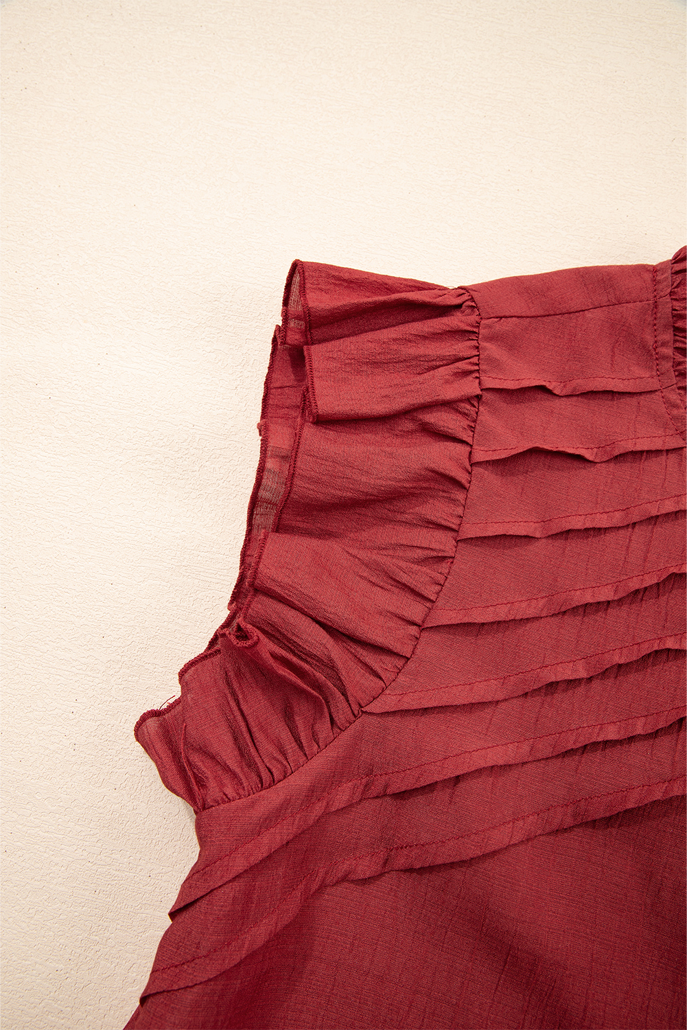 Women's Blouse, Red Dahlia, Solid Color, Pleated Detail, Ruffle Sleeves, Casual Style, Summer Fashion, Daily Wear, Versatile Top, Chic Look, Elegant Design, Modern Style, Shift Silhouette - Detail View 8 Women's Blouse, Red Dahlia, Solid Color, Pleated Detail, Ruffle Sleeves, Casual Style, Summer Fashion, Daily Wear, Versatile Top, Chic Look, Elegant Design, Modern Style, Shift Silhouette - Detail View 8