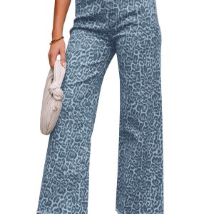 Women's Sky Blue Leopard Frayed Edge Wide Leg Jeans – Casual High Waist Denim for Daily Wear - Main View