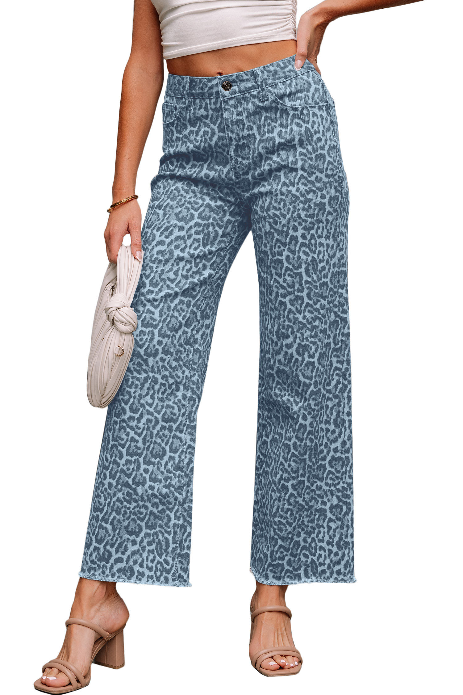 Women's Sky Blue Leopard Frayed Edge Wide Leg Jeans – Casual High Waist Denim for Daily Wear - Main View Women's Sky Blue Leopard Frayed Edge Wide Leg Jeans – Casual High Waist Denim for Daily Wear - Main View