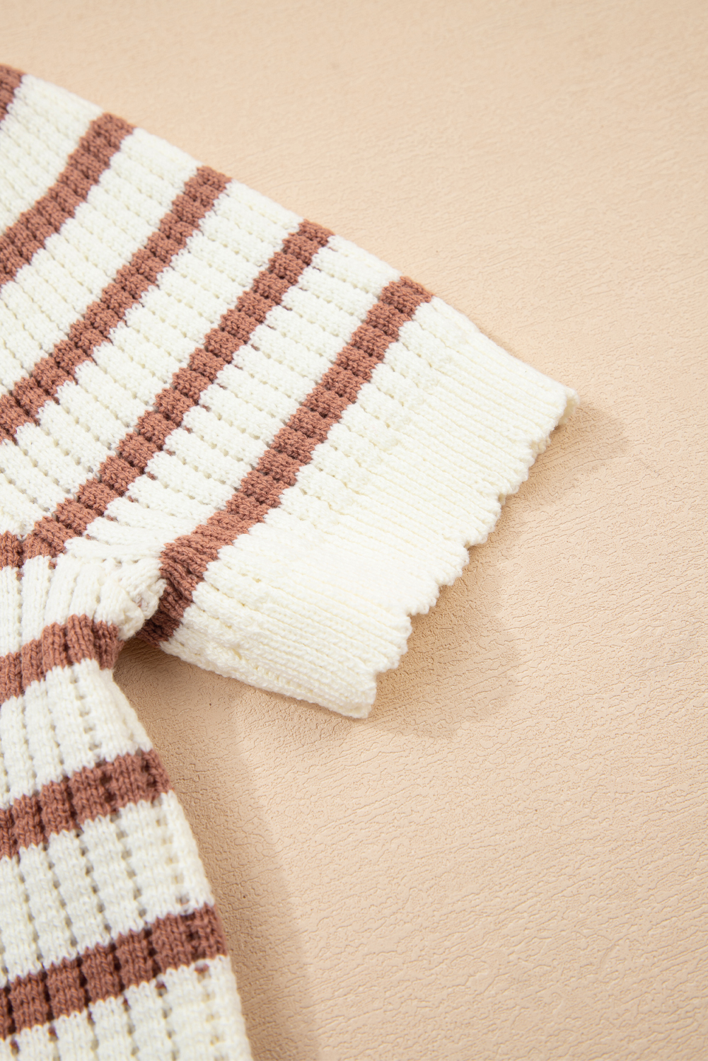Women's Sweater, Khaki Stripe, Scalloped Neck, Short Sleeve, Casual Style, Summer Knit, Trendy Design, Comfortable Fit, Daily Wear, Flattering Silhouette, Lightweight Knitwear, Fashionable Tops, Sheath Style - Detail View 8 Women's Sweater, Khaki Stripe, Scalloped Neck, Short Sleeve, Casual Style, Summer Knit, Trendy Design, Comfortable Fit, Daily Wear, Flattering Silhouette, Lightweight Knitwear, Fashionable Tops, Sheath Style - Detail View 8