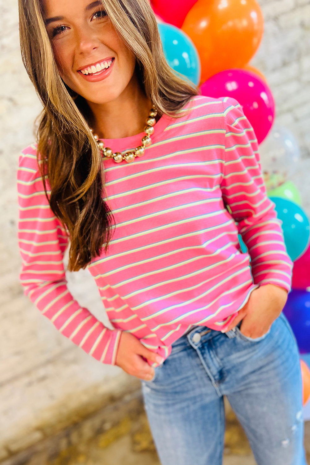 Stylish Pink Striped Knit Top with Three Quarter Sleeves for Daily Wear - Detail View 2 Stylish Pink Striped Knit Top with Three Quarter Sleeves for Daily Wear - Detail View 2
