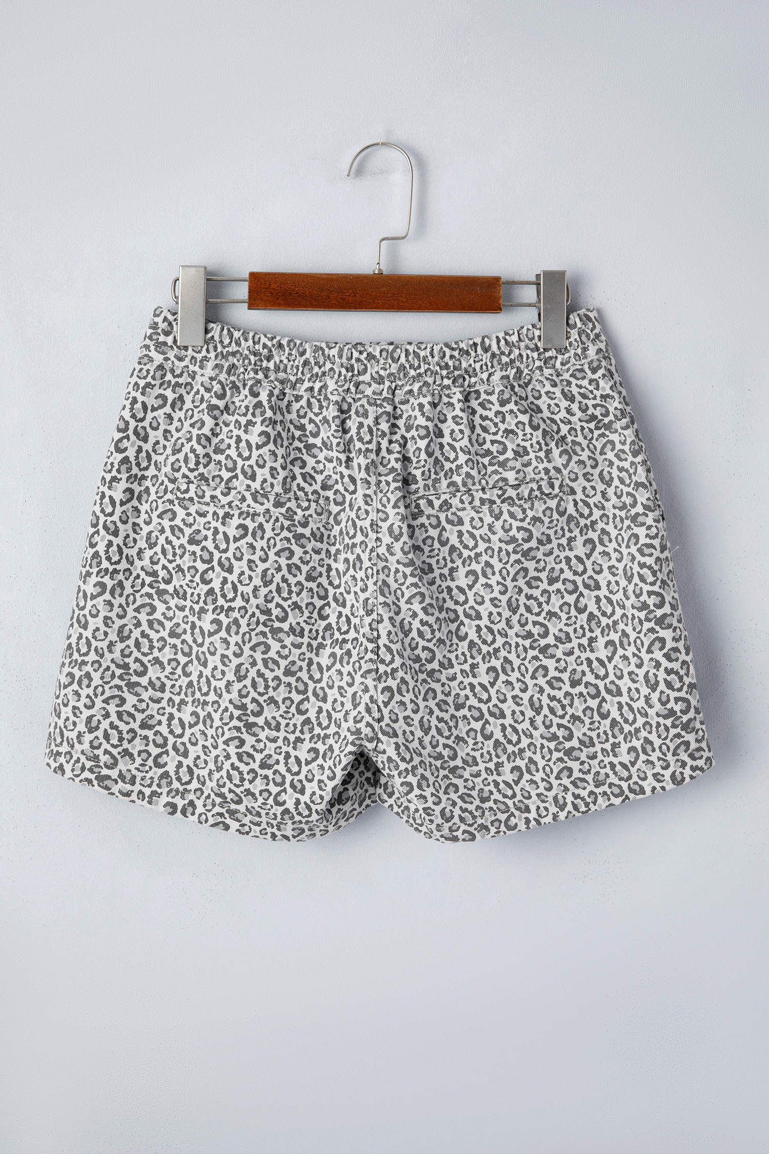 Women's Gray Leopard Print Denim Shorts – High Waist Wrap Front Casual Summer Bottoms - Detail View 7 Women's Gray Leopard Print Denim Shorts – High Waist Wrap Front Casual Summer Bottoms - Detail View 7
