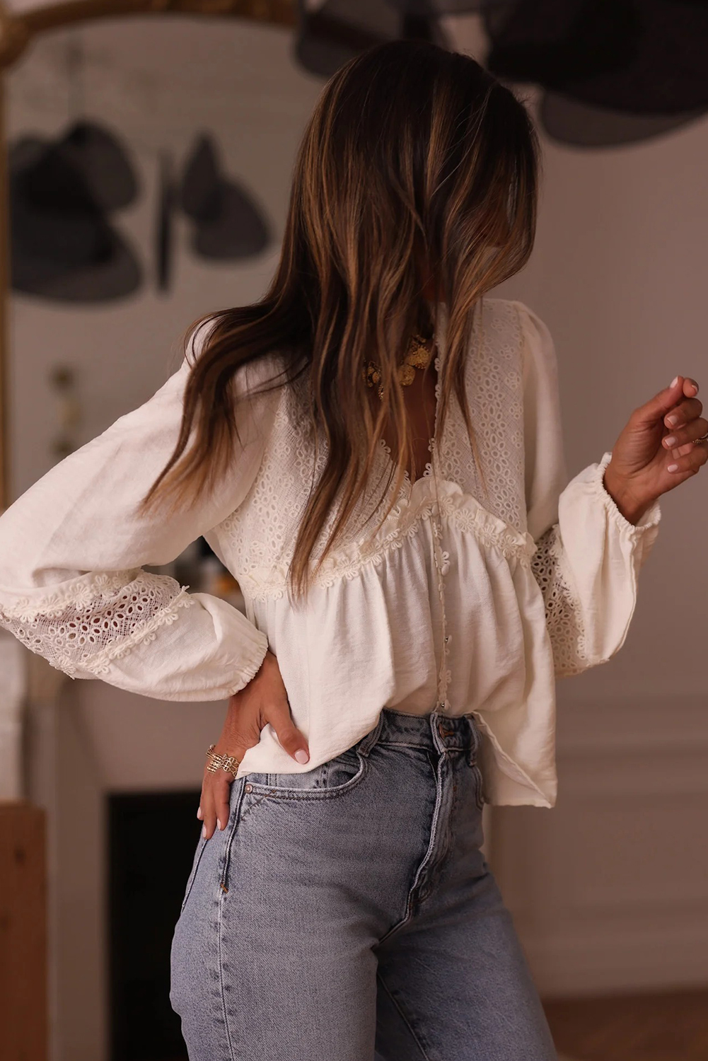 Women's Casual White Lace Patchwork Blouse – Frilled Long Sleeve Top for Everyday Elegance - Detail View 6 Women's Casual White Lace Patchwork Blouse – Frilled Long Sleeve Top for Everyday Elegance - Detail View 6