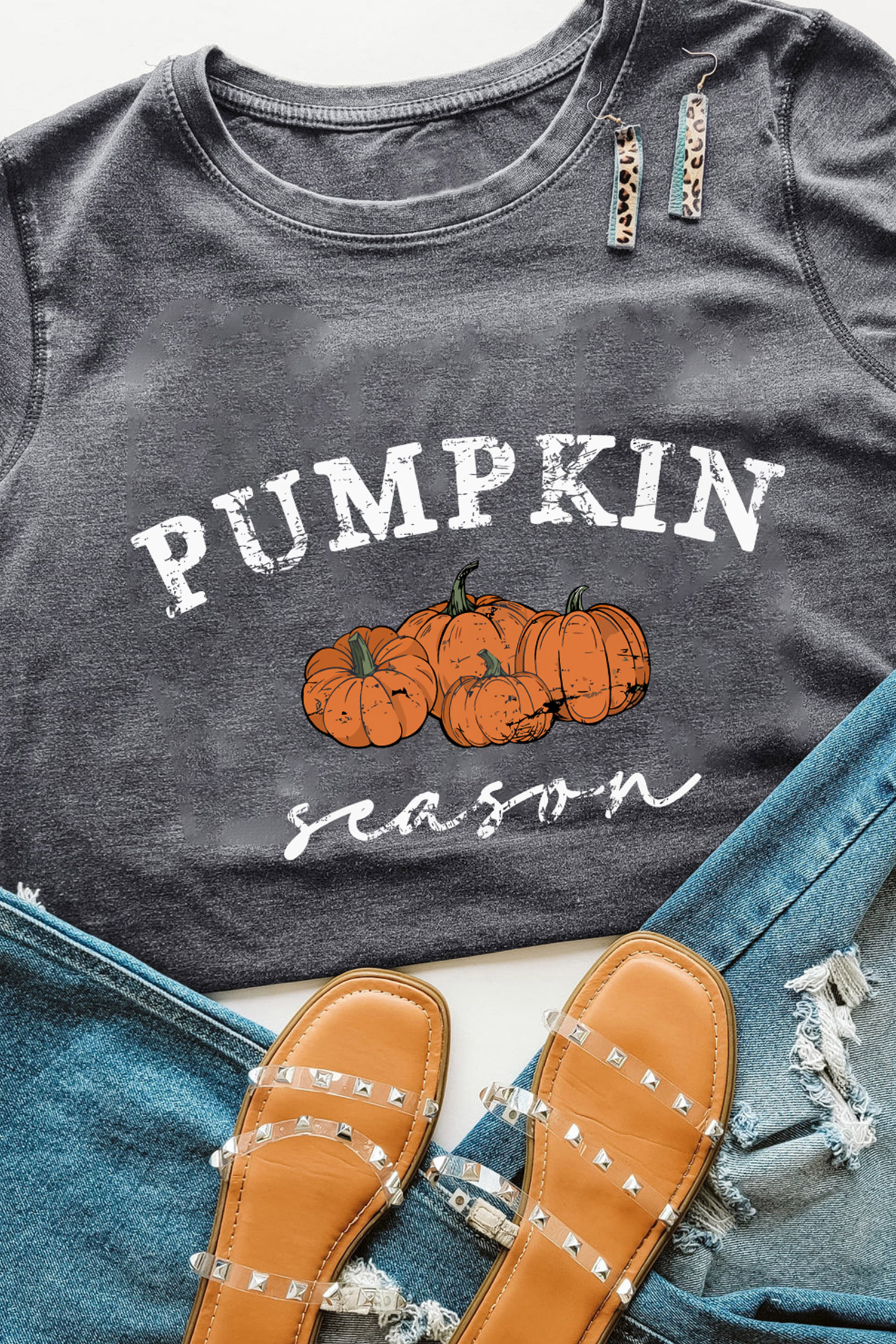 Women's Pumpkin Season Graphic T-Shirt, Gray Casual Top - Detail View 7 Women's Pumpkin Season Graphic T-Shirt, Gray Casual Top - Detail View 7