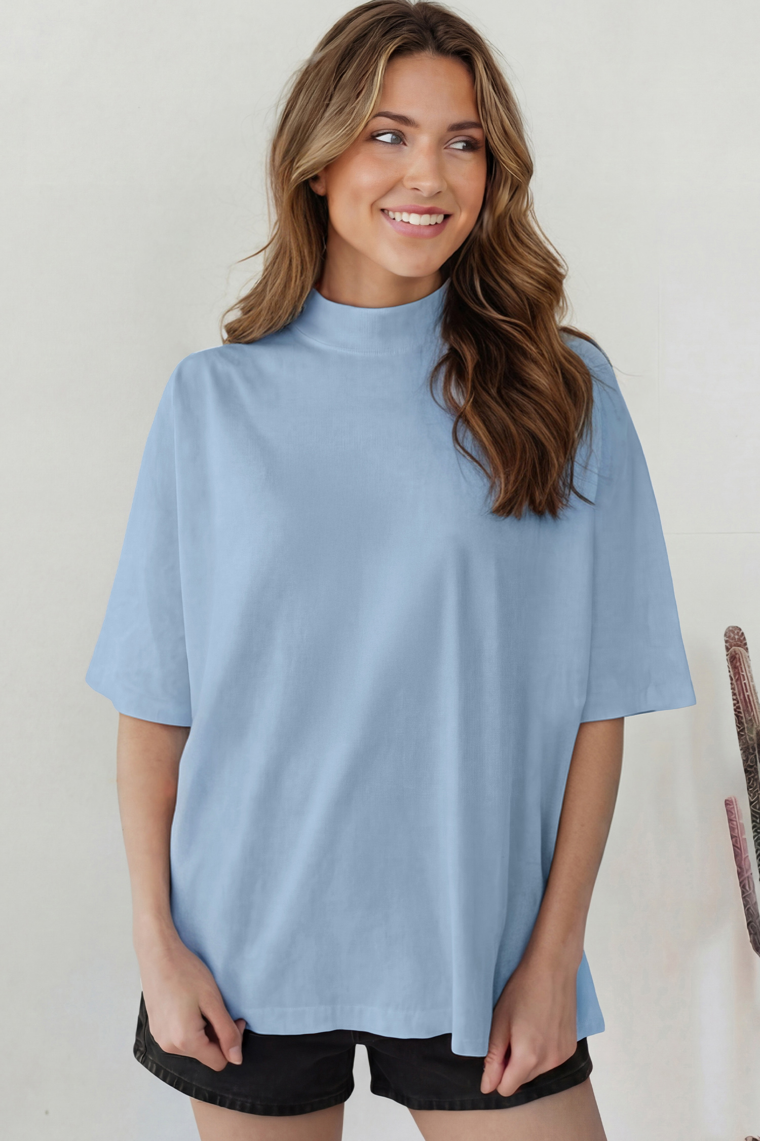 Women's Loose Fit High Neck Tee – Beau Blue Short Sleeve Shift Top, Thoughtful Gift for Her - Detail View 6 Women's Loose Fit High Neck Tee – Beau Blue Short Sleeve Shift Top, Thoughtful Gift for Her - Detail View 6