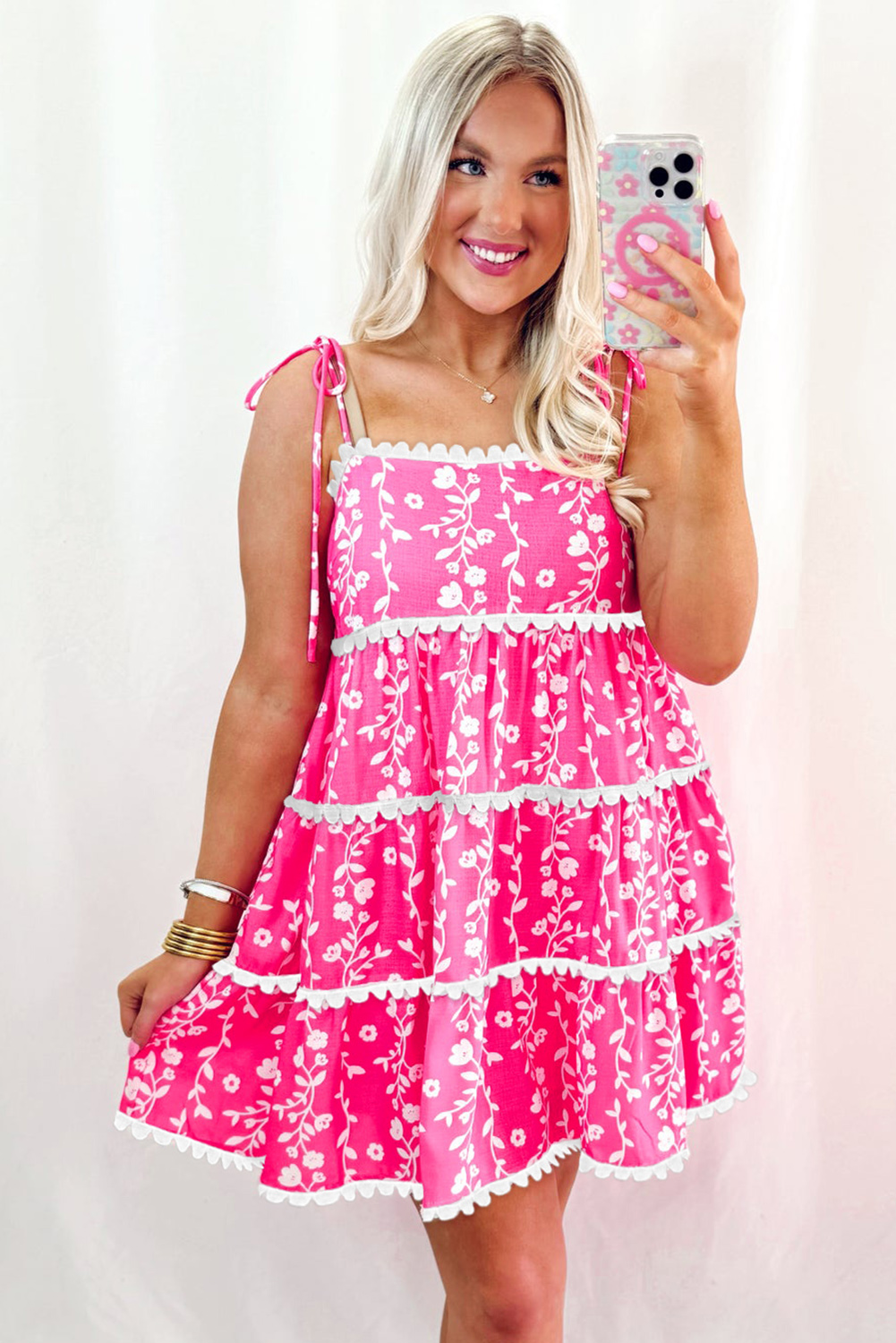 Bohemian-Inspired Pink Mini Dress - Floral Print and Ric Rac Detailing - Detail View 10 Bohemian-Inspired Pink Mini Dress - Floral Print and Ric Rac Detailing - Detail View 10