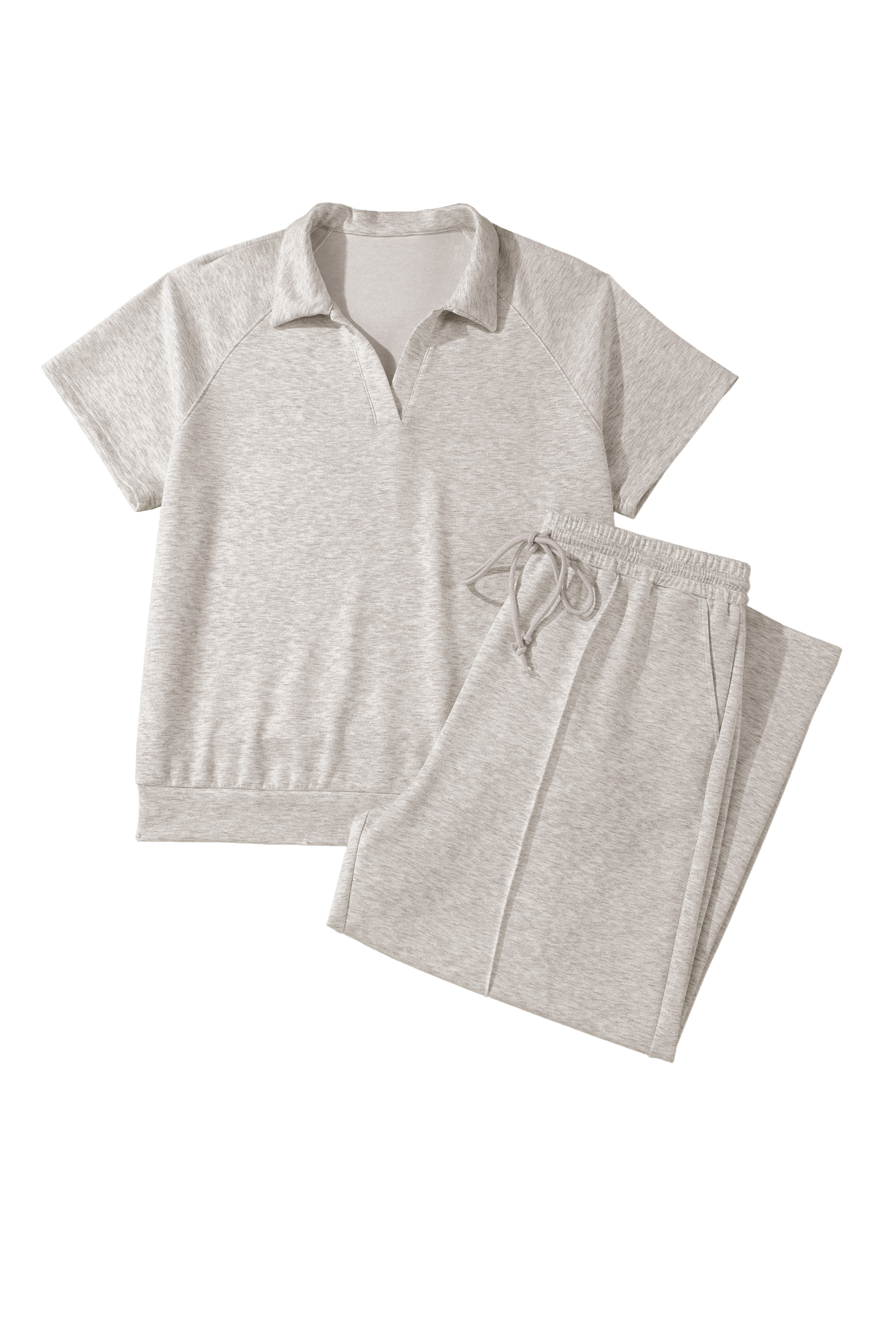 Women's Plus Size Summer Loungewear Set – Light Grey V-Neck Top & High Waist Drawstring Pants - Detail View 14 Women's Plus Size Summer Loungewear Set – Light Grey V-Neck Top & High Waist Drawstring Pants - Detail View 14