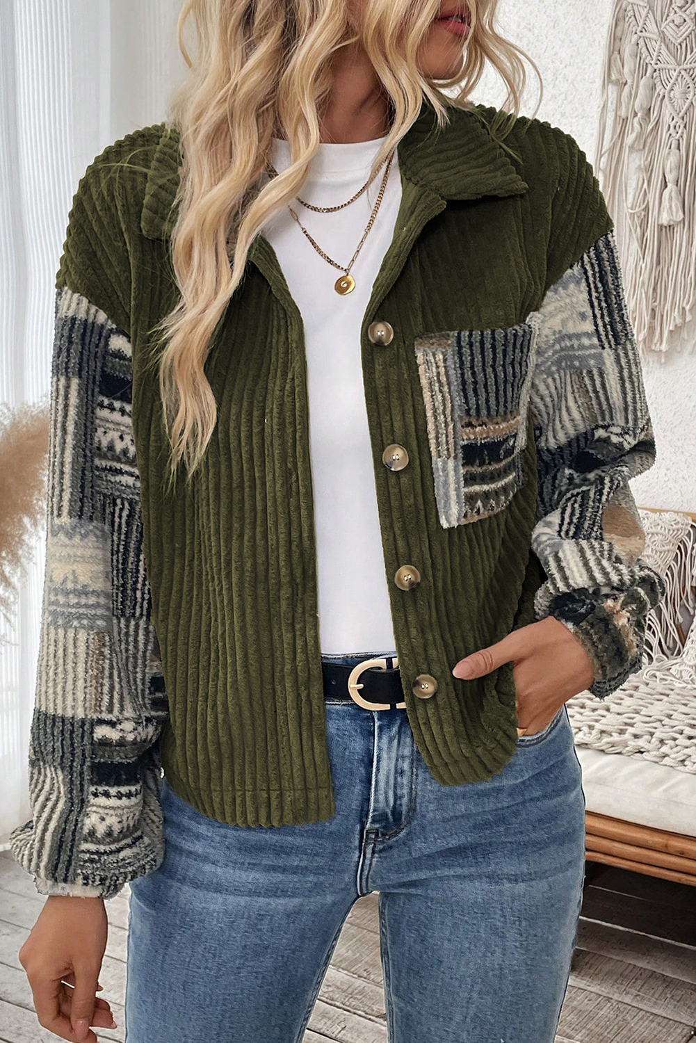 Women's Cozy Corduroy Button-Up in Jungle Green Plaid – Fleece-Lined Patchwork Design for Winter Layering - Detail View 6 Women's Cozy Corduroy Button-Up in Jungle Green Plaid – Fleece-Lined Patchwork Design for Winter Layering - Detail View 6