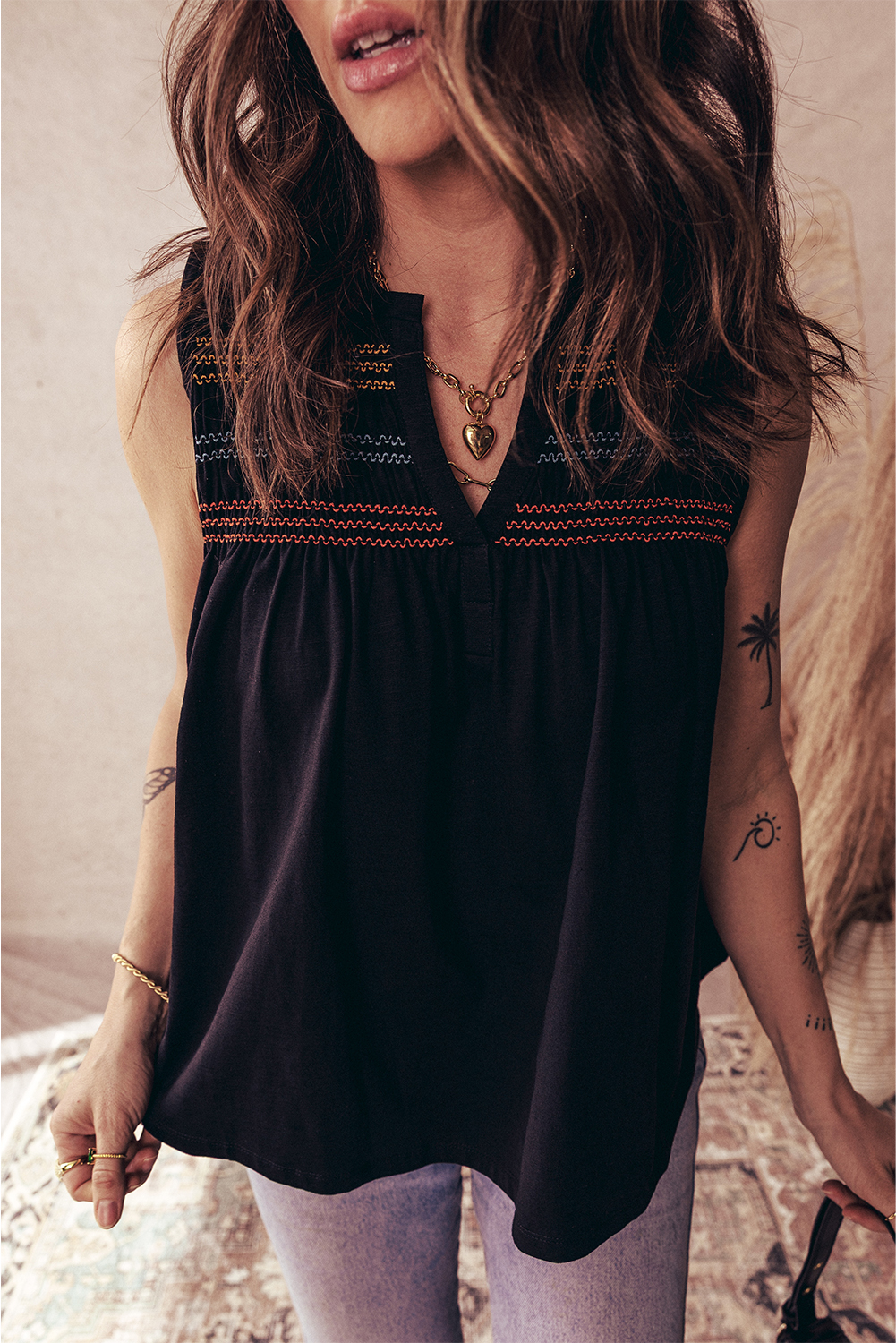 Flowy Fit Casual Women's Tank Top - Stylish Black with Shirred Yoke Design - Detail View 7 Flowy Fit Casual Women's Tank Top - Stylish Black with Shirred Yoke Design - Detail View 7