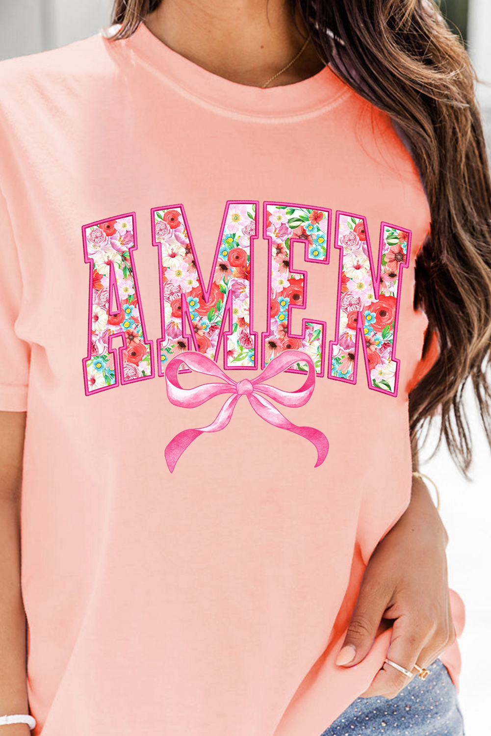 Fun and Stylish Pink Floral AMEN Bow Graphic Tee - Short Sleeve Crew Neck - Detail View 2 Fun and Stylish Pink Floral AMEN Bow Graphic Tee - Short Sleeve Crew Neck - Detail View 2