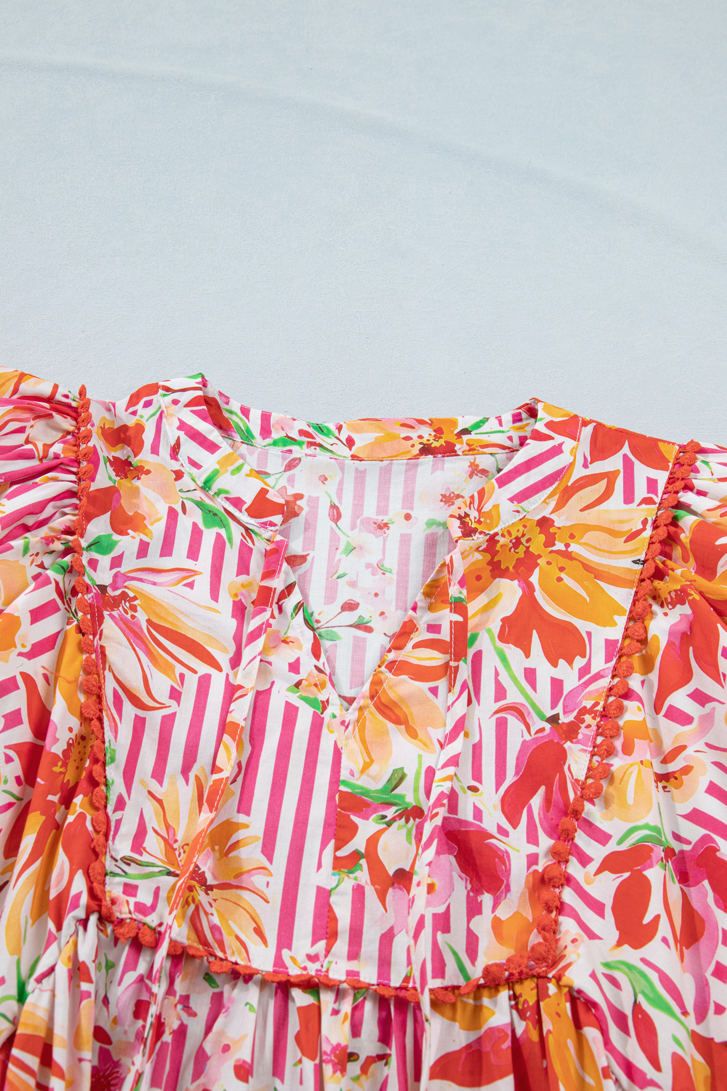 Pink Striped Floral Shift Dress for Women – 100% Cotton Puff Sleeve Mini, Daily & Easter Wear - Detail View 14 Pink Striped Floral Shift Dress for Women – 100% Cotton Puff Sleeve Mini, Daily & Easter Wear - Detail View 14