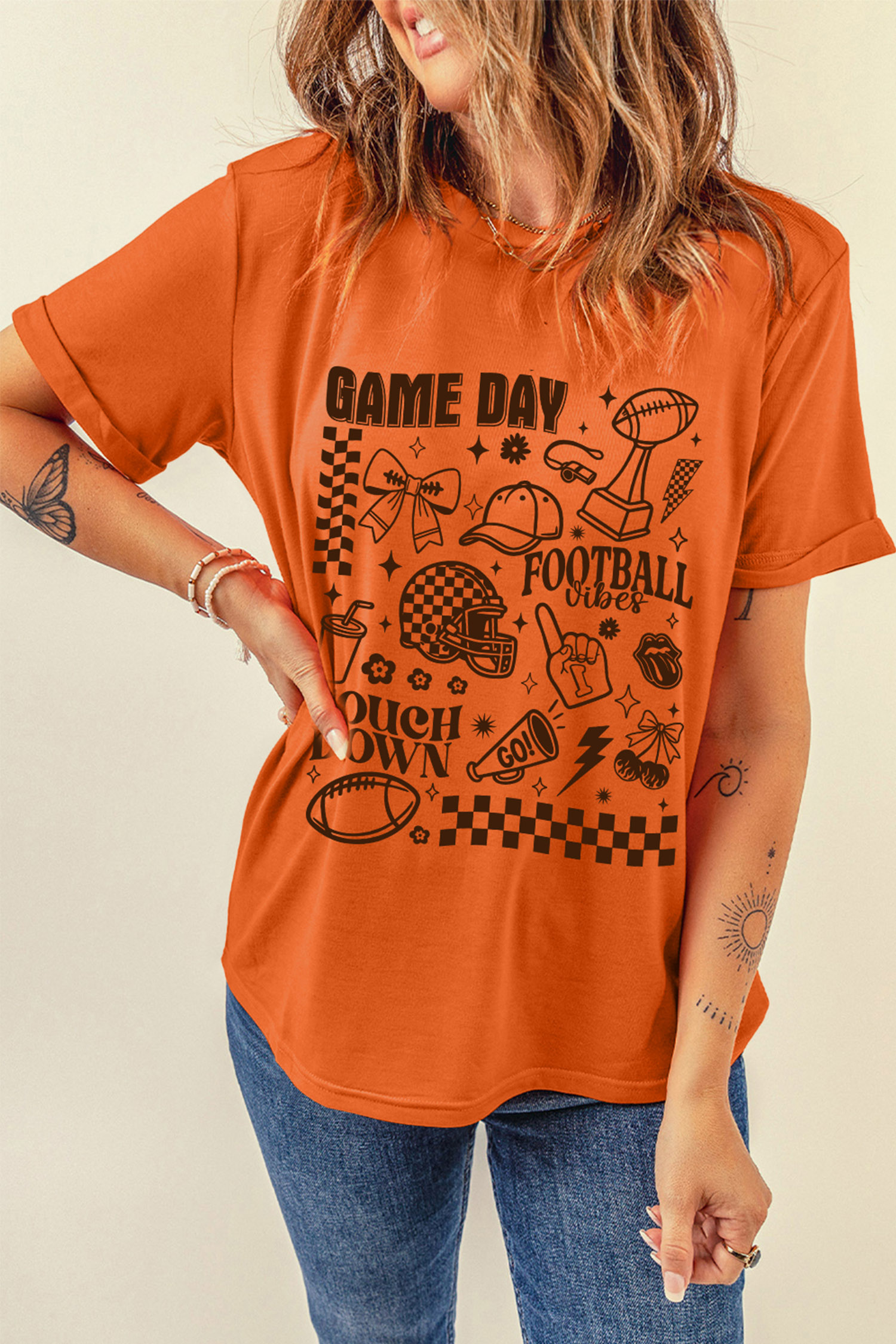 Short Sleeve Football Graphic Top, Casual Women's Orange Tee - Detail View 6 Short Sleeve Football Graphic Top, Casual Women's Orange Tee - Detail View 6