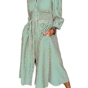 Chic Green Stripe V Neck Zip Front Cinched High Waist Midi Dress for Women - Main View
