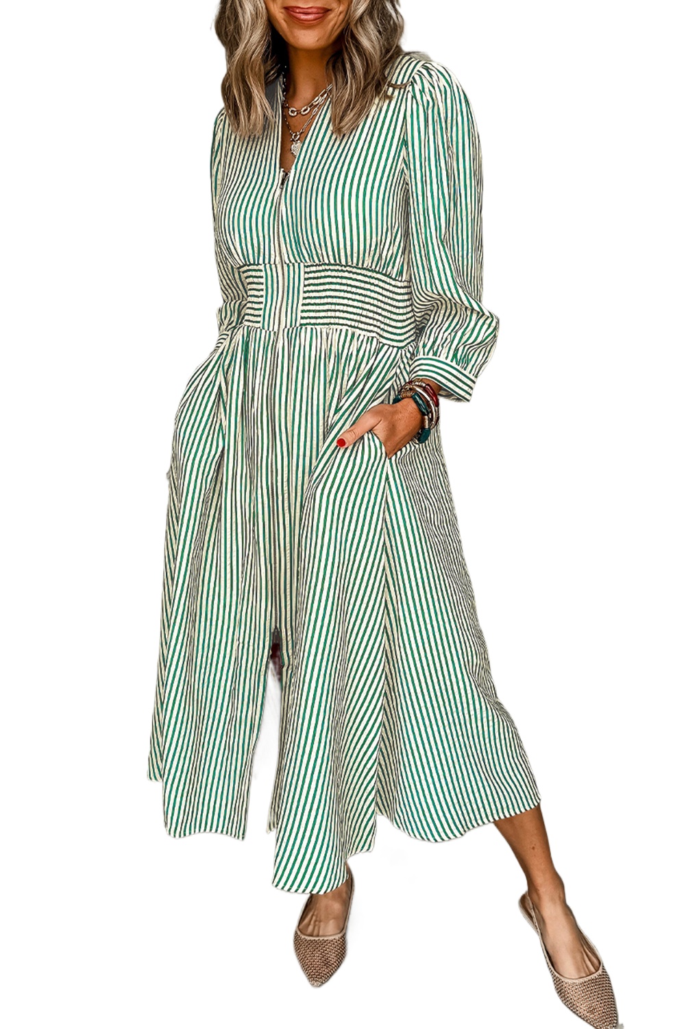 Chic Green Stripe V Neck Zip Front Cinched High Waist Midi Dress for Women - Main View Chic Green Stripe V Neck Zip Front Cinched High Waist Midi Dress for Women - Main View