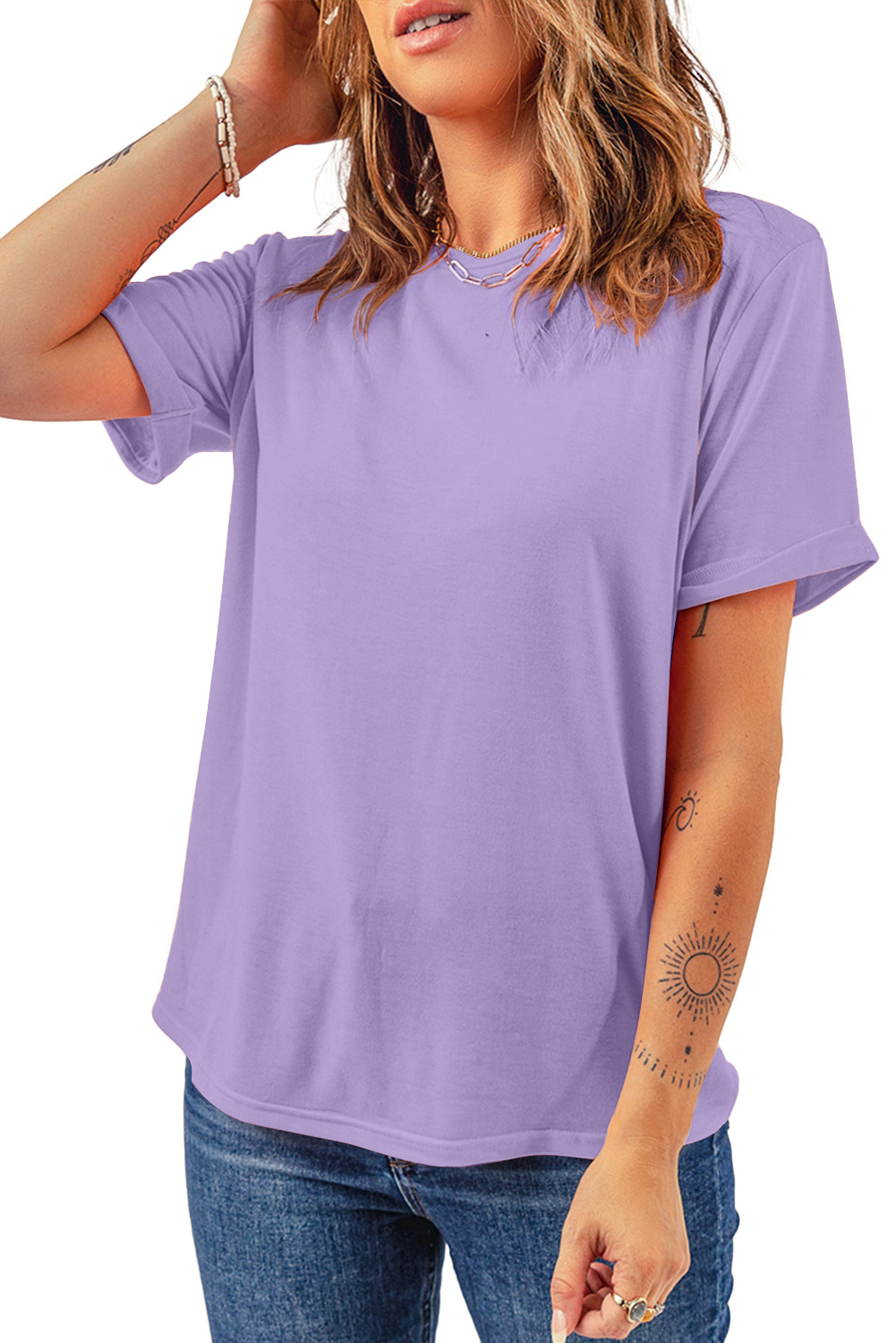 Chic Wisteria Solid Color T-Shirt with Round Neck for Everyday Comfort - Detail View 6 Chic Wisteria Solid Color T-Shirt with Round Neck for Everyday Comfort - Detail View 6