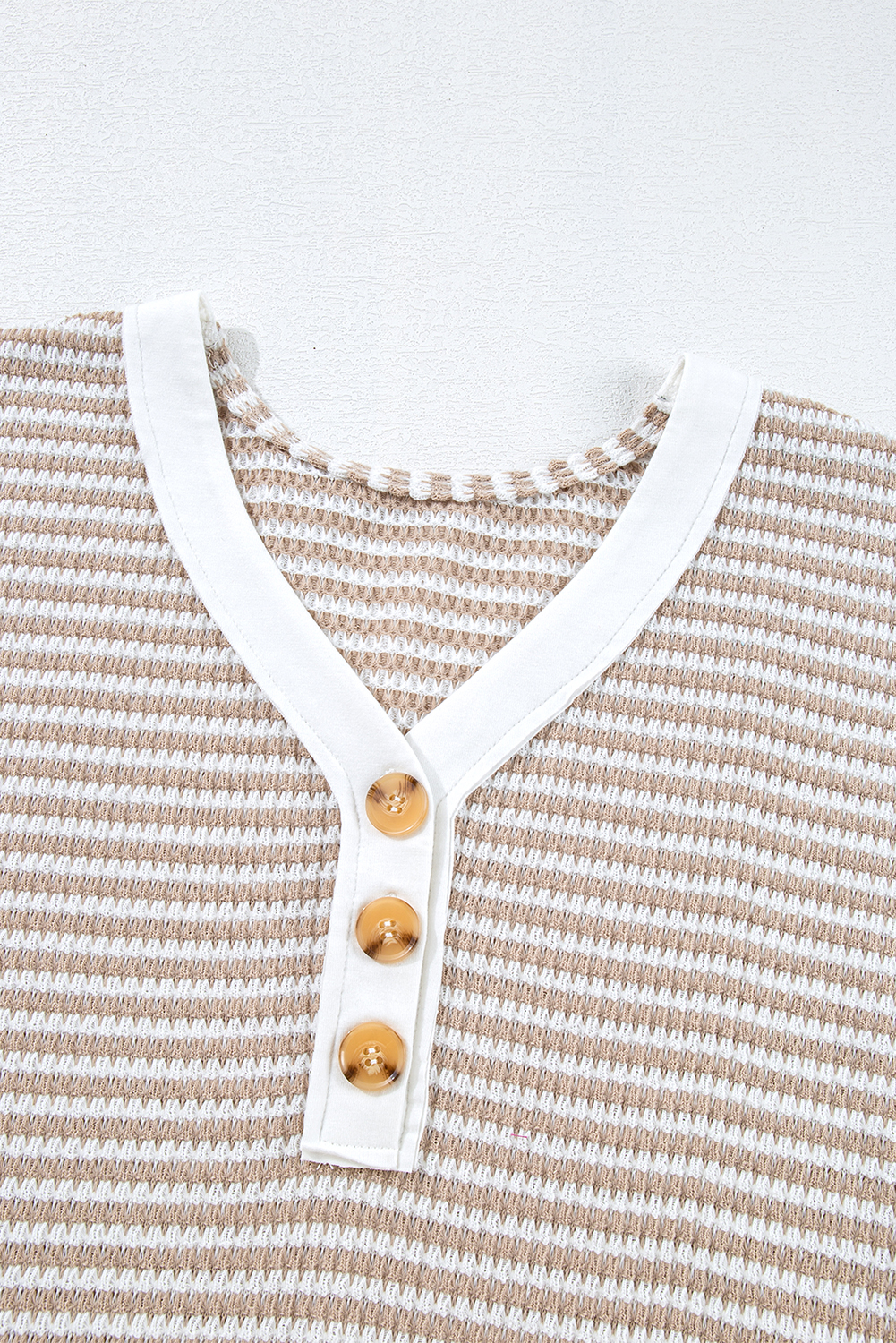 Stylish Khaki Striped V Neck T-Shirt - Cozy Knitted Fabric for Casual Wear - Detail View 18 Stylish Khaki Striped V Neck T-Shirt - Cozy Knitted Fabric for Casual Wear - Detail View 18