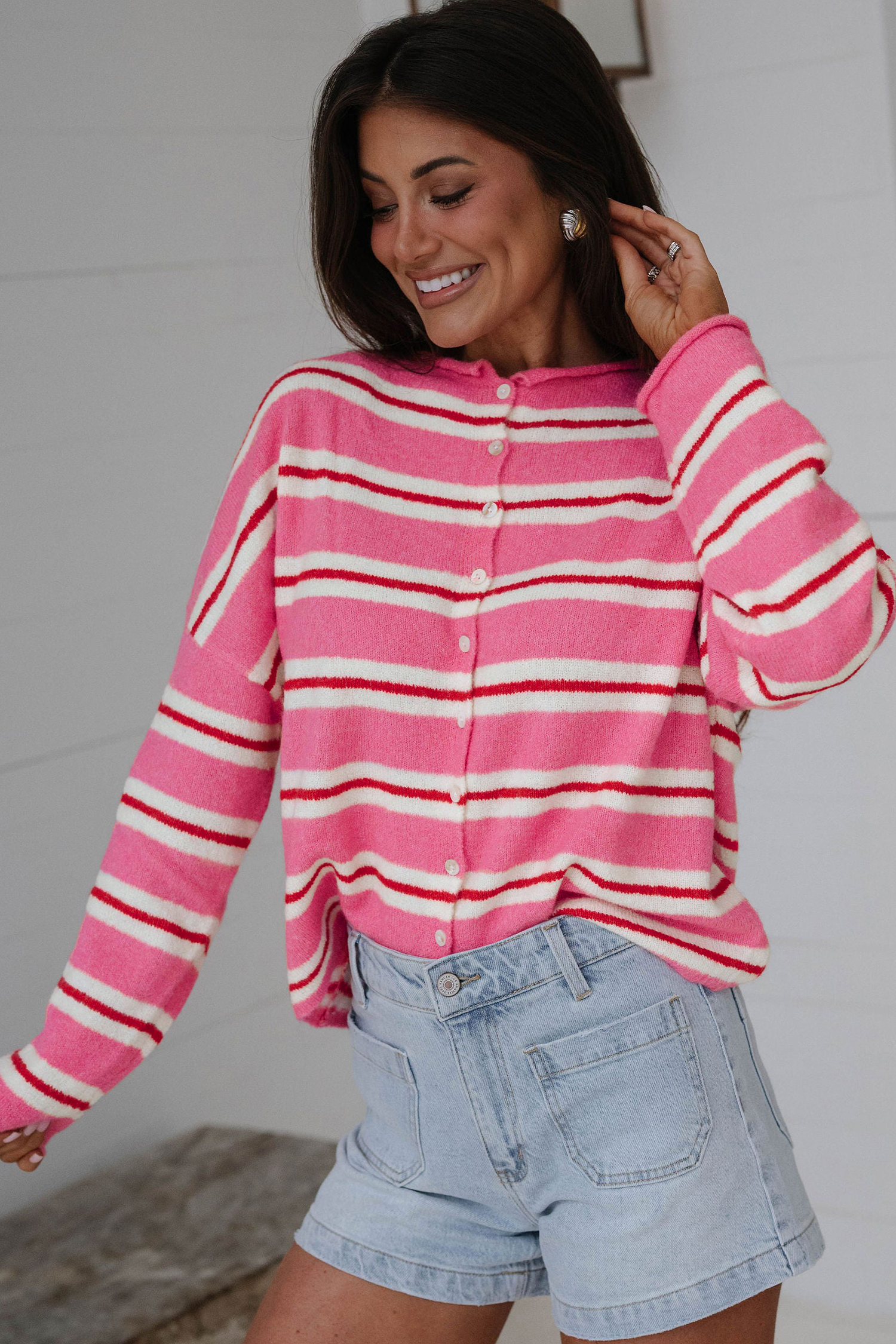 Soft Striped Long Sleeve Cardigan, Trendy Pink Button Top - Detail View 5 Soft Striped Long Sleeve Cardigan, Trendy Pink Button Top - Detail View 5