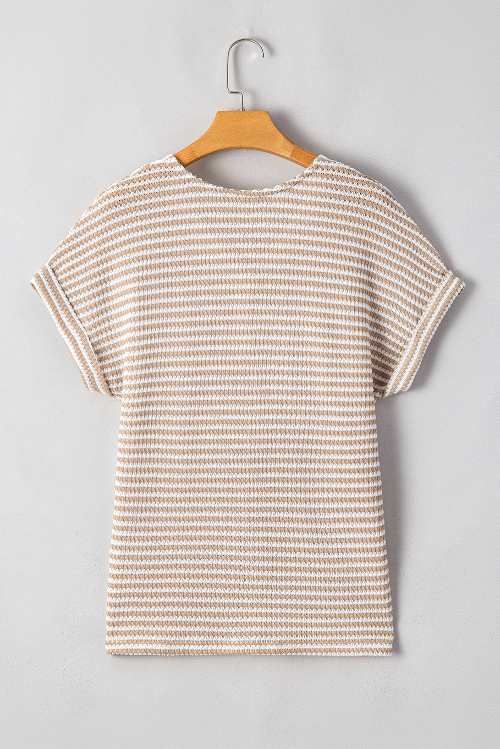 Women's Khaki Stripe Knitted V Neck T-Shirt with Buttoned Front - Detail View 17 Women's Khaki Stripe Knitted V Neck T-Shirt with Buttoned Front - Detail View 17