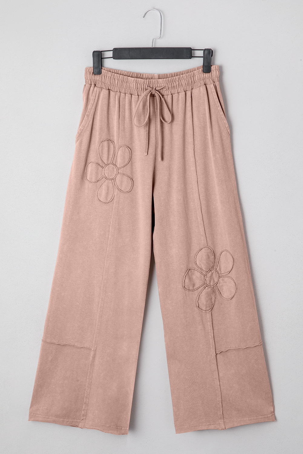 Women's Khaki Mineral Washed Terry Cropped Pants with Flower Applique – Western Inspired Wide Leg Style for Fall Outings - Detail View 5 Women's Khaki Mineral Washed Terry Cropped Pants with Flower Applique – Western Inspired Wide Leg Style for Fall Outings - Detail View 5