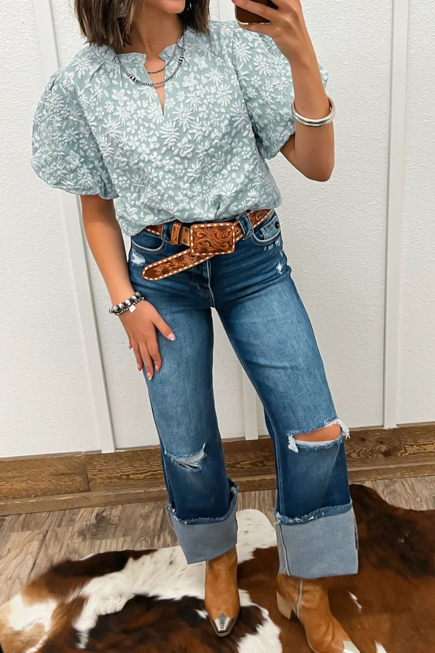 Chic Women's Floral Textured Jacquard Top – V Neck Short Puff Sleeve Blouse for Daily Wear - Detail View 3 Chic Women's Floral Textured Jacquard Top – V Neck Short Puff Sleeve Blouse for Daily Wear - Detail View 3