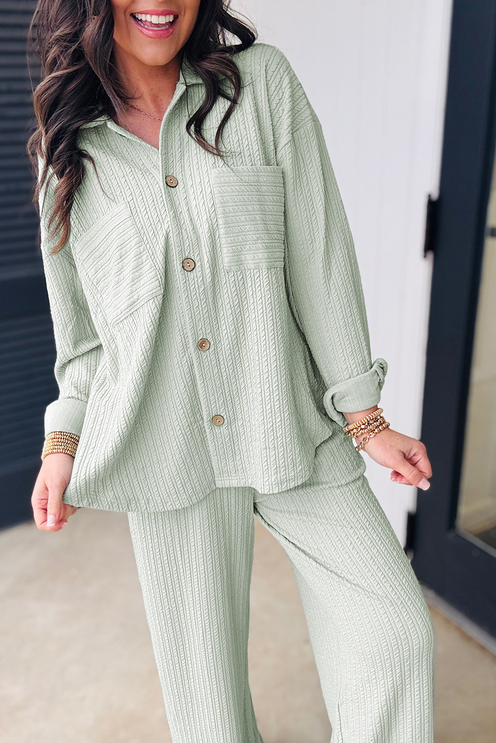 Casual Long Sleeve Shirt and Wide Leg Pants Set in Clearly Aqua for Daily Wear - Detail View 2 Casual Long Sleeve Shirt and Wide Leg Pants Set in Clearly Aqua for Daily Wear - Detail View 2