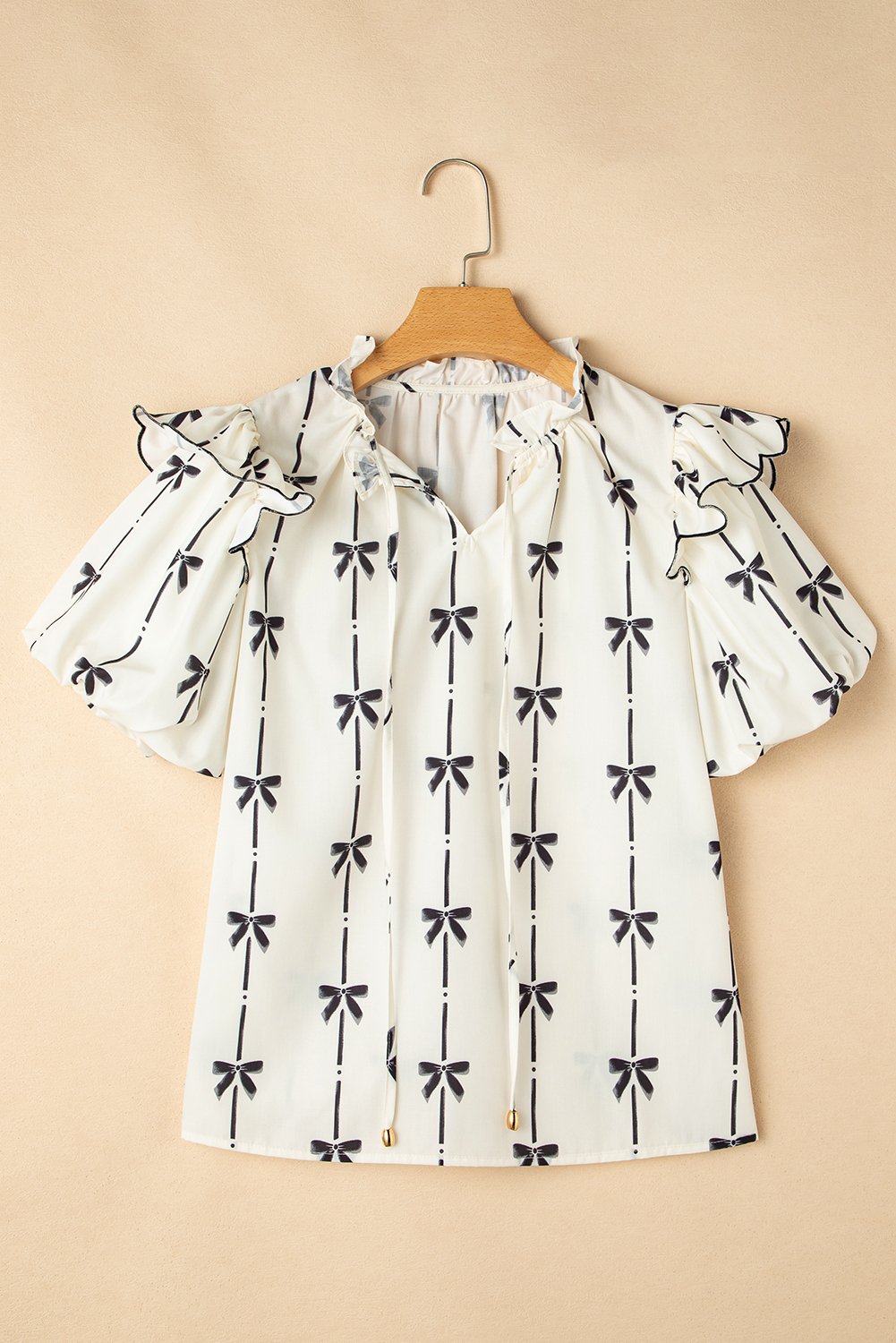 Lightweight and Comfy Beige V Neck Blouse with Puff Sleeves - Ideal for Summer Days - Detail View 11 Lightweight and Comfy Beige V Neck Blouse with Puff Sleeves - Ideal for Summer Days - Detail View 11