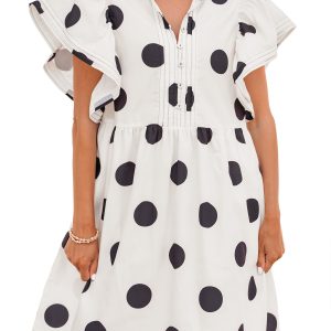 Women's White Polka Dot Mini Dress – Ruffled Short Puff Sleeves, Casual Summer High Waist Shift Style - Main View
