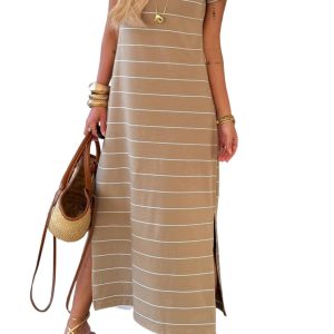 Women's Khaki Stripe Maxi T-Shirt Dress – Casual Short Sleeve with Side Slit for Summer Days - Main View