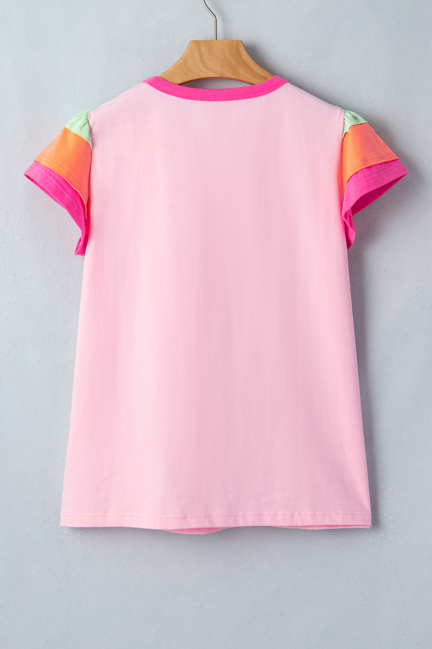 Summer Casual Pink Colorblock Tee – Women's Short Sleeve Round Neck Patchwork Shirt with Flutter Sleeves - Detail View 3 Summer Casual Pink Colorblock Tee – Women's Short Sleeve Round Neck Patchwork Shirt with Flutter Sleeves - Detail View 3