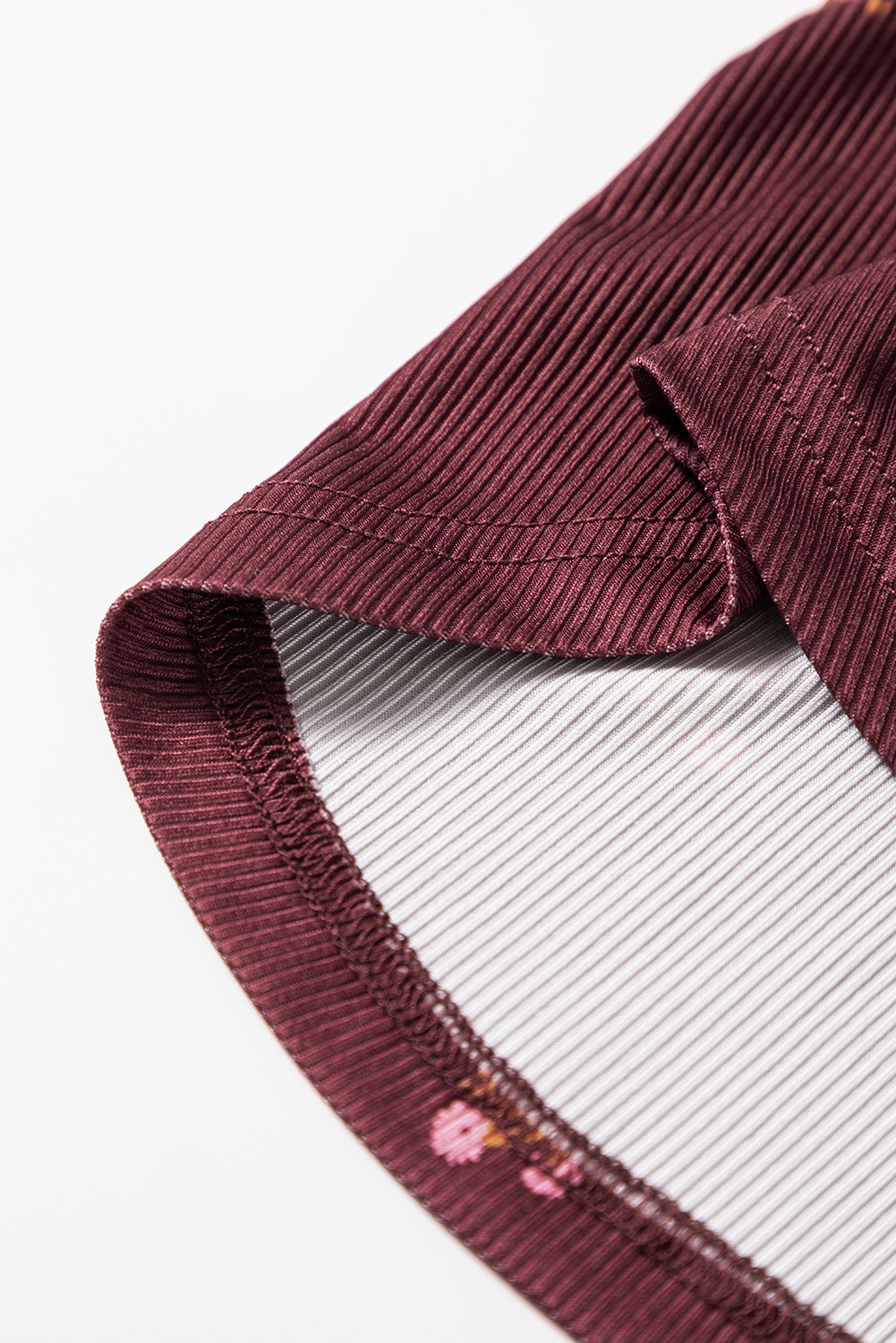 Women's Burgundy Floral Print Ribbed Long Sleeve Top with Notched Neck - Detail View 13 Women's Burgundy Floral Print Ribbed Long Sleeve Top with Notched Neck - Detail View 13