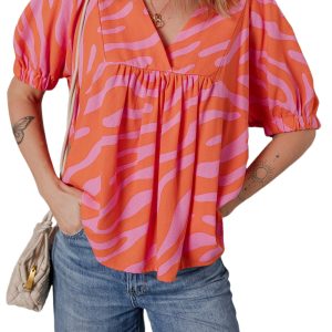 Women's Orange Zebra Stripe Print Ruched Cuff Half Sleeve V Neck Blouse - Main View