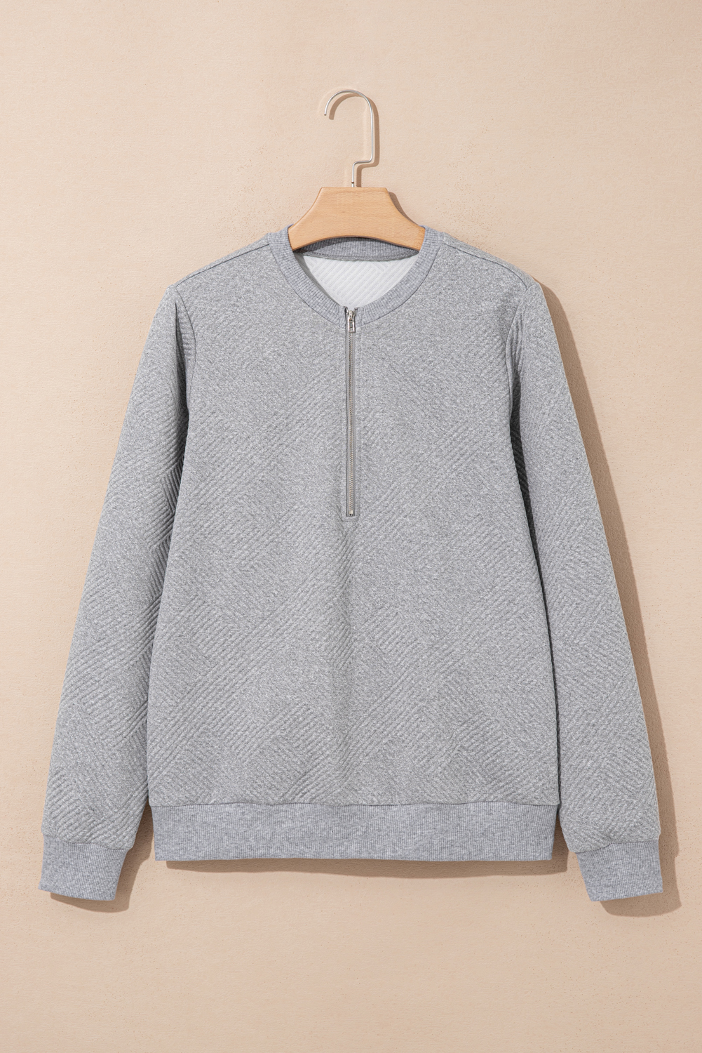 Trendy V-Neck Long Sleeve Sweatshirt in Medium Grey for Women – Textured Fabric Ideal for Fall Layering - Detail View 2 Trendy V-Neck Long Sleeve Sweatshirt in Medium Grey for Women – Textured Fabric Ideal for Fall Layering - Detail View 2