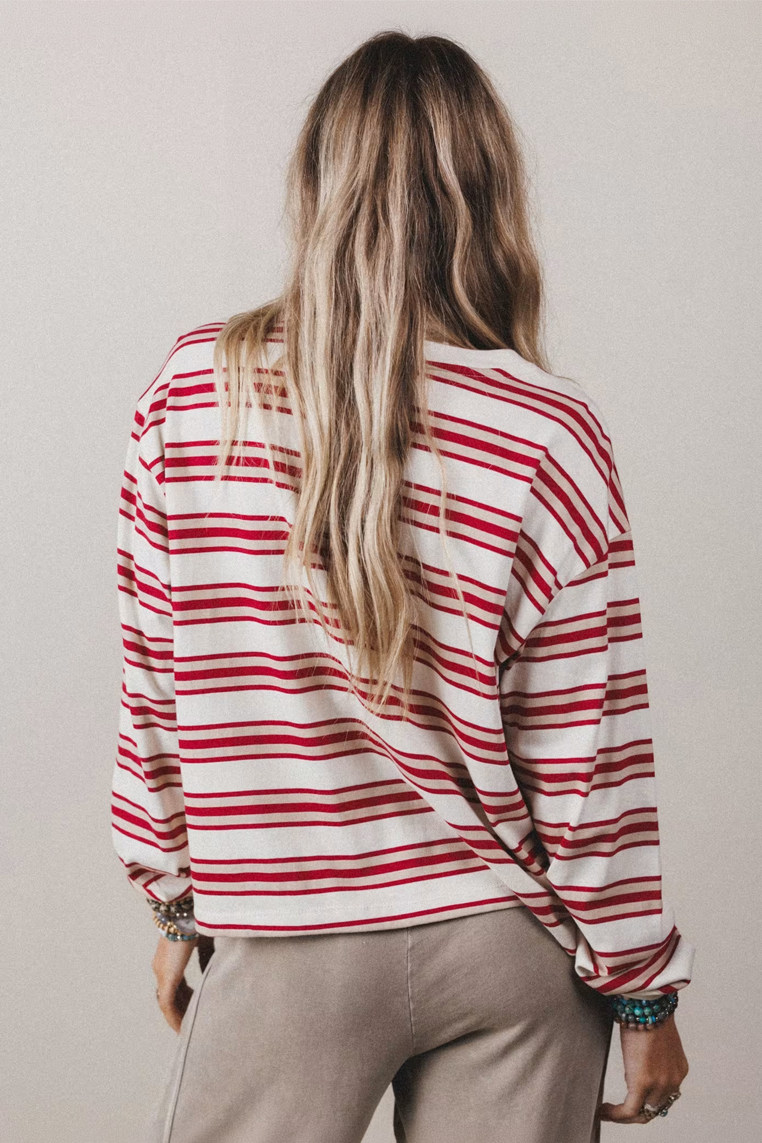 Casual Red Stripe Long Sleeve Top – Comfy Cotton Blend Shirt - Detail View 5 Casual Red Stripe Long Sleeve Top – Comfy Cotton Blend Shirt - Detail View 5