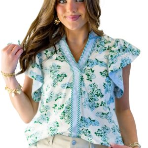 Women's Floral V-Neck Blouse – Green Stripe Flutter Sleeve Top for Daily Wear - Main View