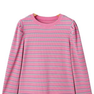 Women's Casual Rose Stripe Textured Knit Round Neck Long Sleeve Top - Main View