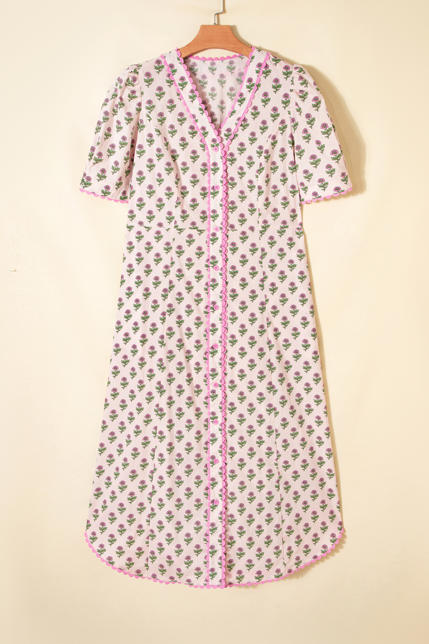 Chic Pink Floral Print Long Dress for Women – Short Sleeve, Perfect for Vacation & Daily Wear - Detail View 5 Chic Pink Floral Print Long Dress for Women – Short Sleeve, Perfect for Vacation & Daily Wear - Detail View 5