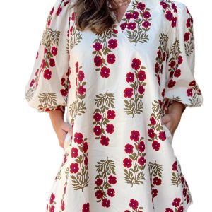 Women's White Floral Print V Neck Mini Dress – Casual 3/4 Sleeve Dress for Spring Outings - Main View