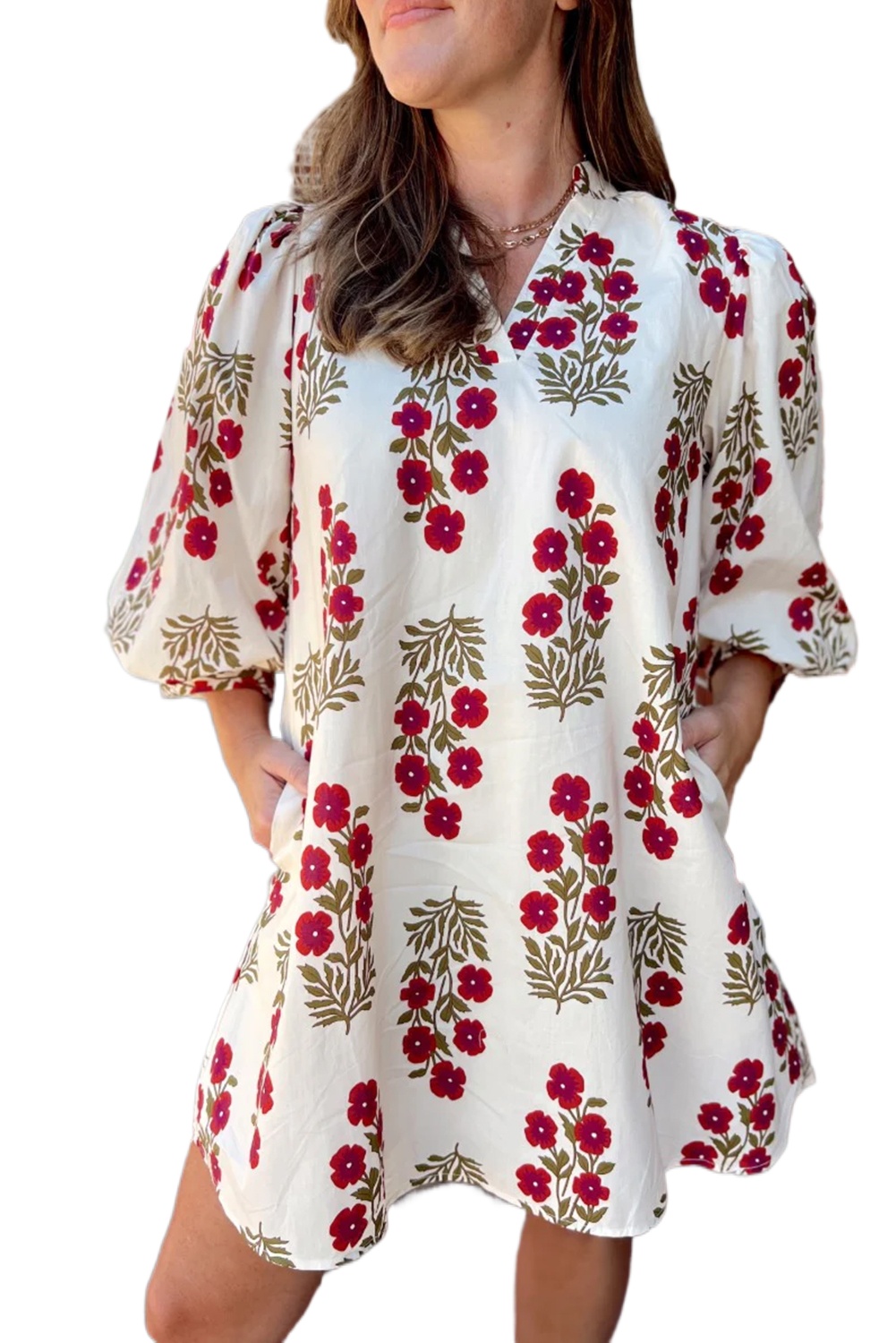 Women's White Floral Print V Neck Mini Dress – Casual 3/4 Sleeve Dress for Spring Outings - Main View Women's White Floral Print V Neck Mini Dress – Casual 3/4 Sleeve Dress for Spring Outings - Main View