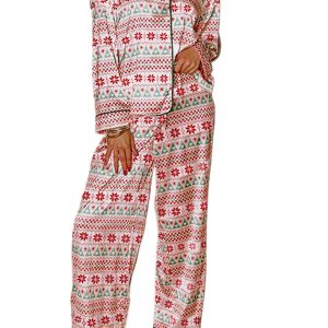 Women's White Christmas Pattern Long Sleeve Pajama Set – Casual 2-Piece for Daily Home Comfort - Main View