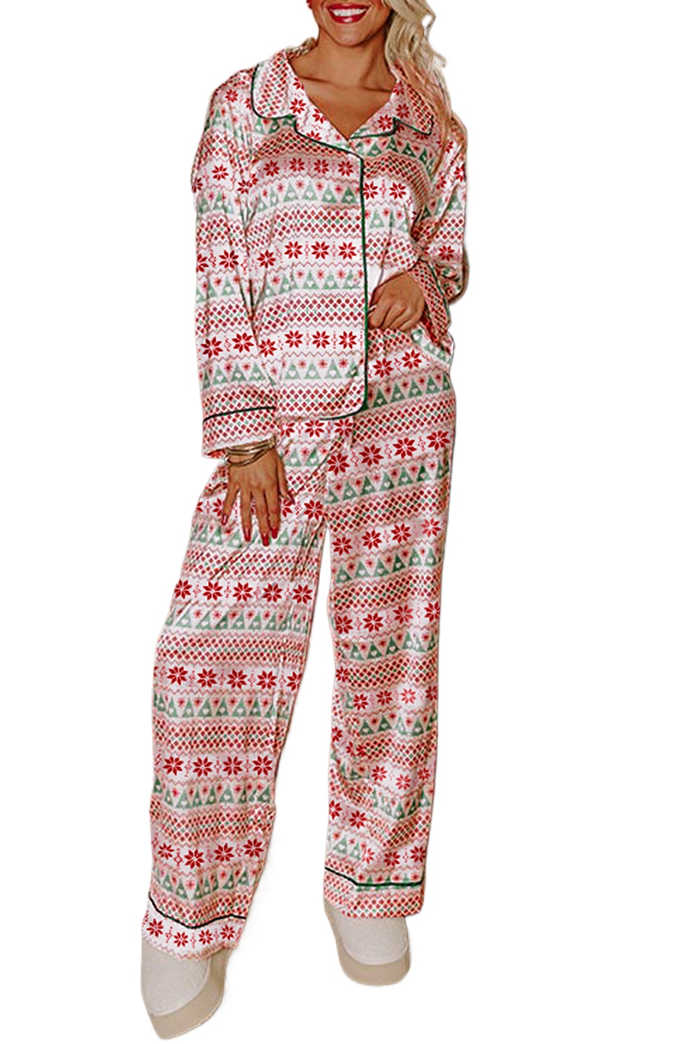 Women's White Christmas Pattern Long Sleeve Pajama Set – Casual 2-Piece for Daily Home Comfort - Main View Women's White Christmas Pattern Long Sleeve Pajama Set – Casual 2-Piece for Daily Home Comfort - Main View
