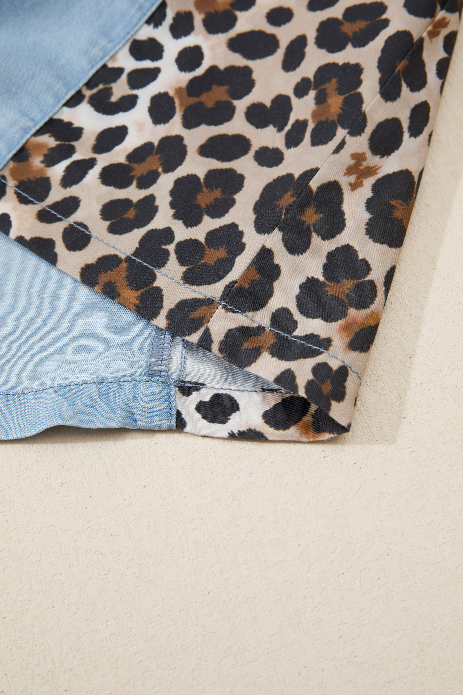 Western Style Denim Mini Dress – Button Down Leopard Patchwork Shift Dress, Versatile Summer Outfit for Women - Detail View 9 Western Style Denim Mini Dress – Button Down Leopard Patchwork Shift Dress, Versatile Summer Outfit for Women - Detail View 9