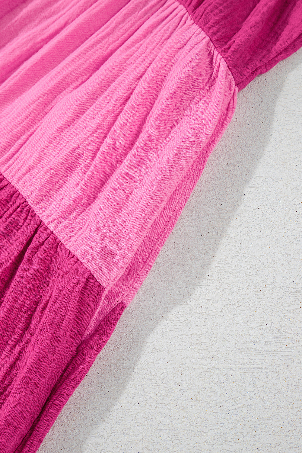 Women's Pink Crinkled Colorblock Patchwork Flutter Tiered Mini Dress - Detail View 13 Women's Pink Crinkled Colorblock Patchwork Flutter Tiered Mini Dress - Detail View 13