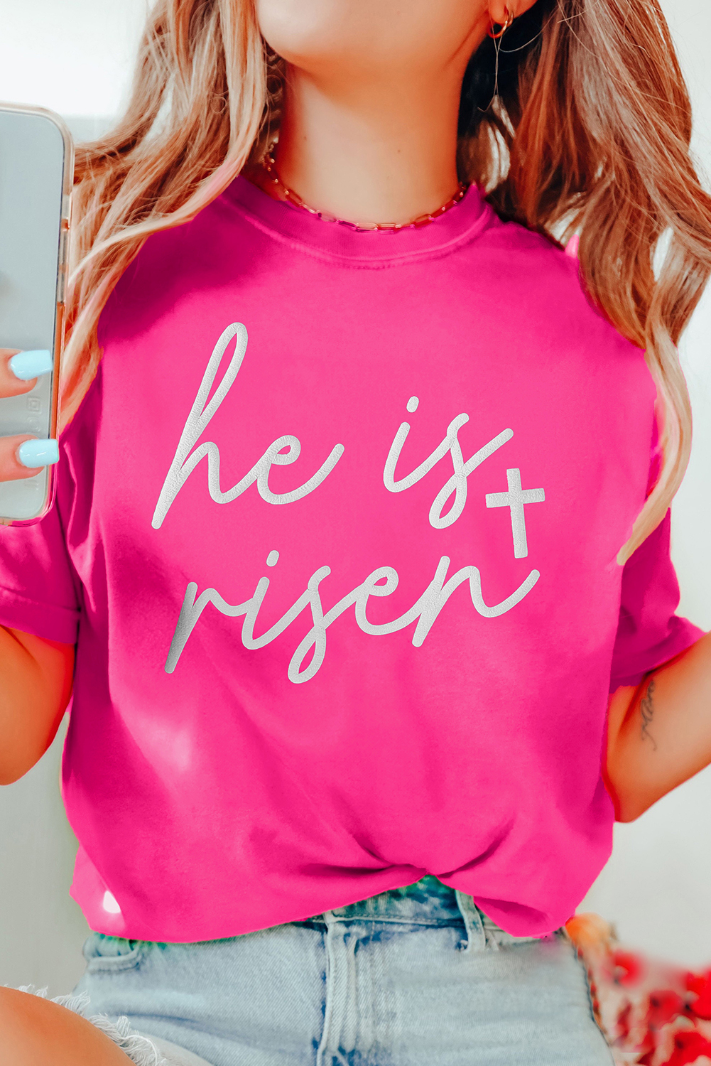 Festive Rose Red Graphic T-Shirt with Glitter Cross and Slogan - Casual Style - Detail View 2 Festive Rose Red Graphic T-Shirt with Glitter Cross and Slogan - Casual Style - Detail View 2